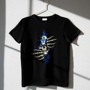 Skull La Dodgers Logo T-Shirt With Skeleton Hands Design