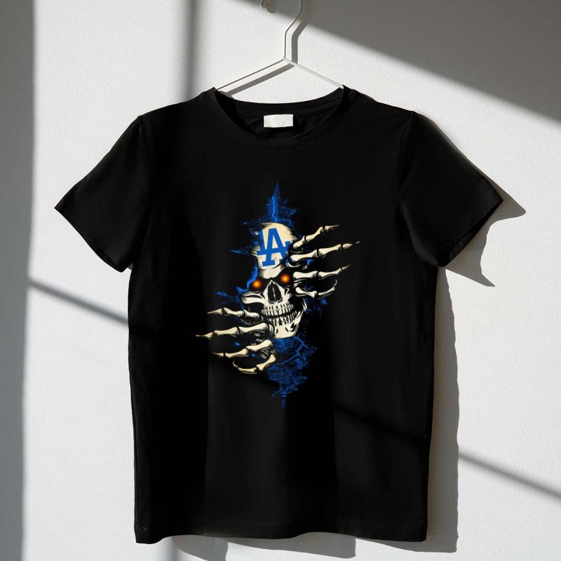 SKULL LA DODGERS LOGO WITH SKELETON HANDS T Shirt.jpeg t shirt 1 1