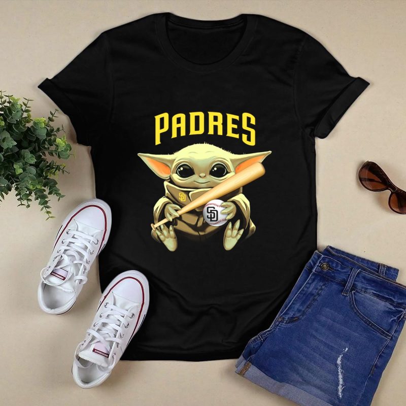 San Diego Padres Baby Yoda Baseball Bat and Ball T Shirt Black 1