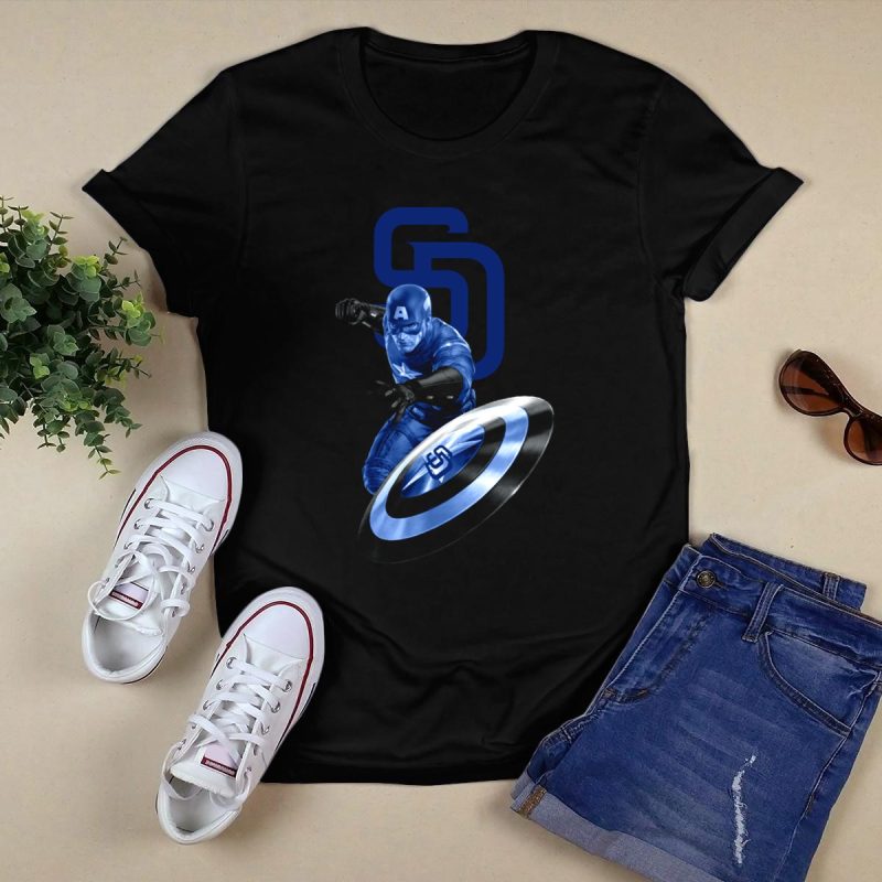 San Diego Padres Captain America Shield Crossover T Shirt Black 1