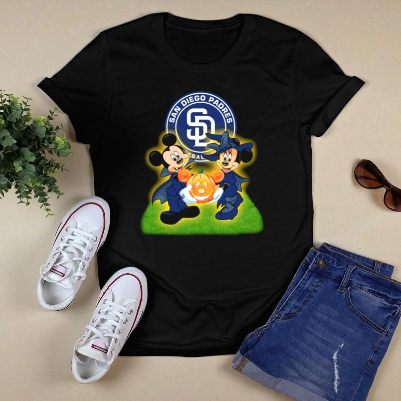 San Diego Padres Halloween Baseball Mickey Minnie Pumpkin T Shirt Black 1