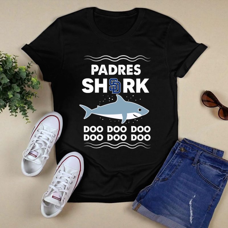 San Diego Padres Shark Doo Doo Doo with SD Logo and Cartoon Shark T Shirt Black 1