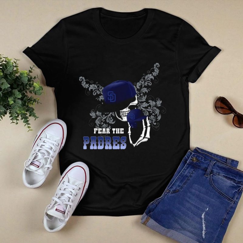 San Diego Padres Skull with Hat and Glove Fear the Padres T Shirt Black 1