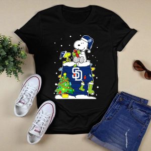 San Diego Padres Snoopy & Woodstock Christmas T-Shirt With Gifts & Tree