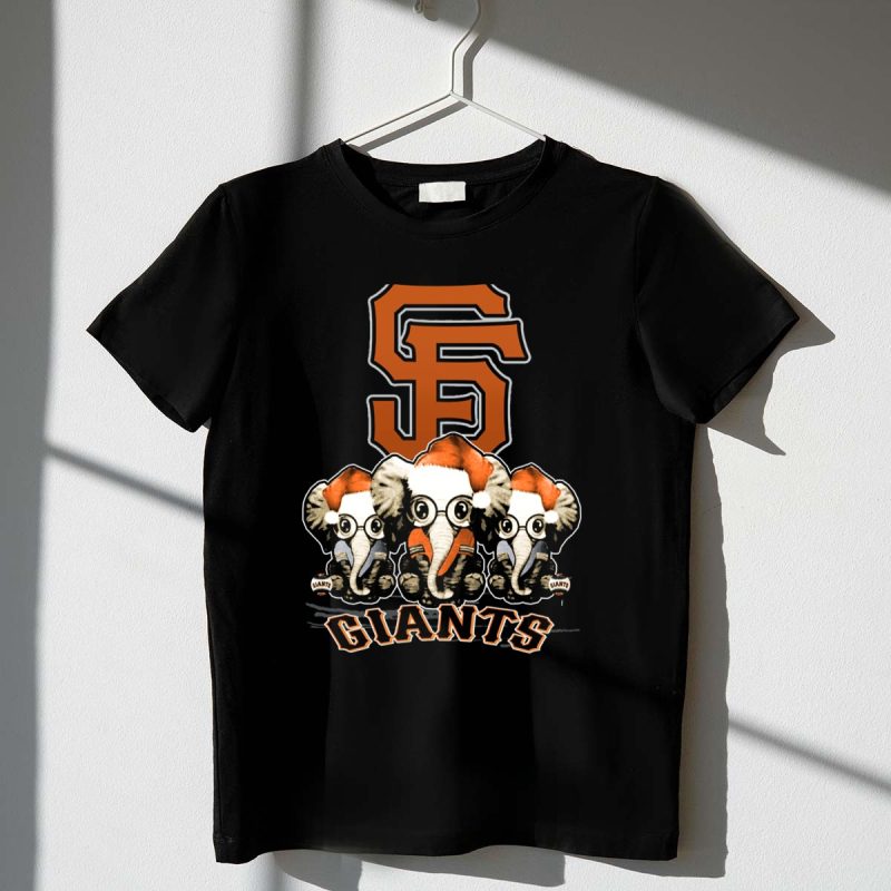San Francisco Giants Christmas Elephants with Santa Hats T Shirt t shirt 1 1