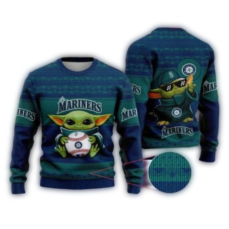 Seattle Mariners Baby Yoda Baseball Fan Christmas Ugly Sweater 1