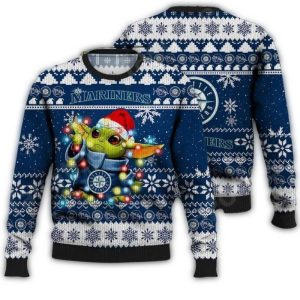 Seattle Mariners Baby Yoda Christmas Lights Ugly Sweater For Kids