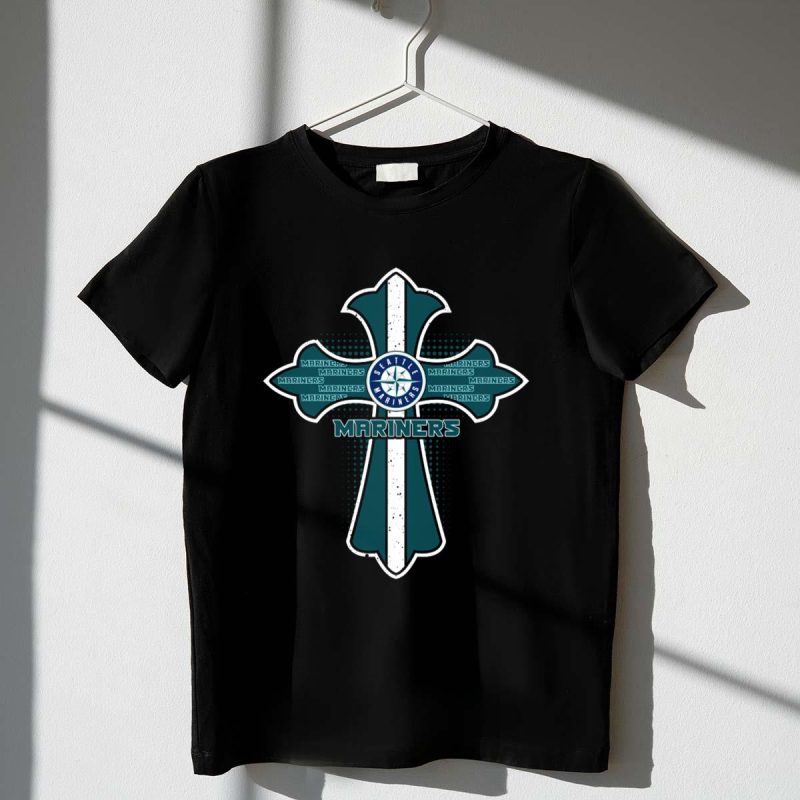 Seattle Mariners Fans Cross with Mariners Logo and Repeated Team Name T Shirt t shirt 1 1