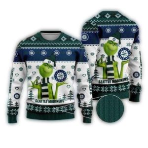 Seattle Mariners Grinch Santa Hat Ugly Christmas Sweater - White & Green