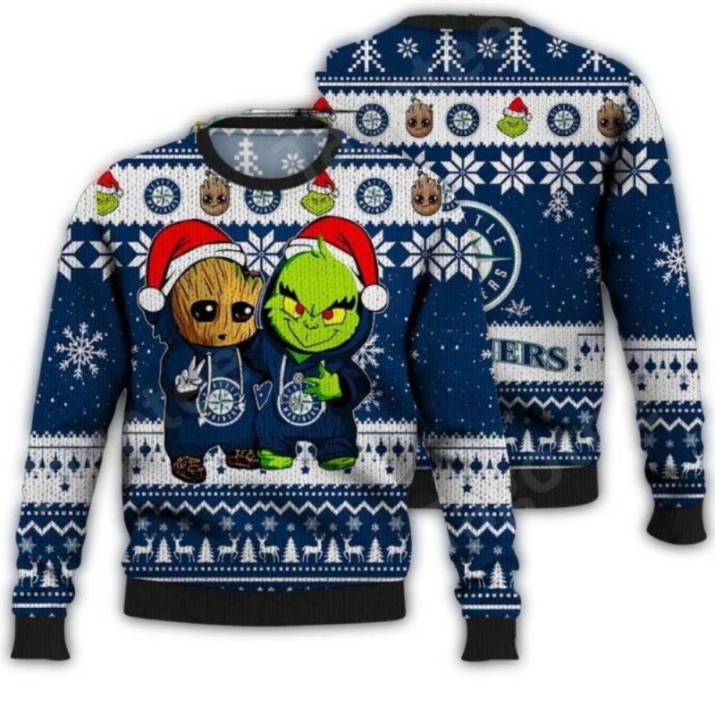 Seattle Mariners Groot And Grinch Santa Duo Christmas Ugly Sweater 1