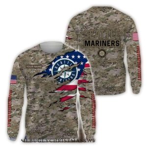 Seattle Mariners Military Camo Ugly Sweater With American Flag Design