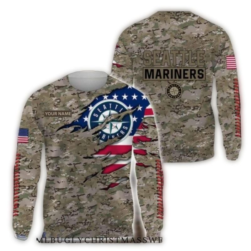 Seattle Mariners Military Camo American Flag Ugly Sweater 1
