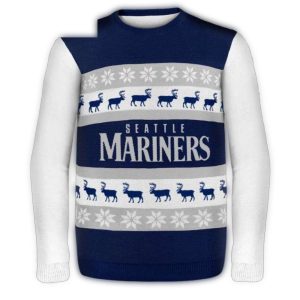 Seattle Mariners Navy Christmas Ugly Sweater With Reindeer & Snowflakes