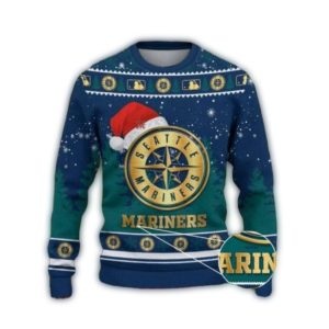 Seattle Mariners Gold Logo Christmas Ugly Sweatshirt With Santa Hat