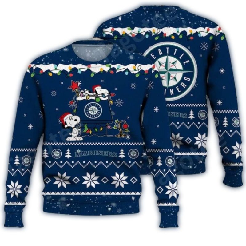 Seattle Mariners Snoopy And Woodstock Holiday Lights Ugly Sweater 1