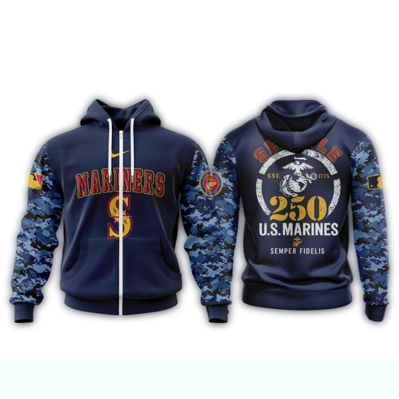 Seattle Mariners USMC 250th Birthday AOP Hoodie 1