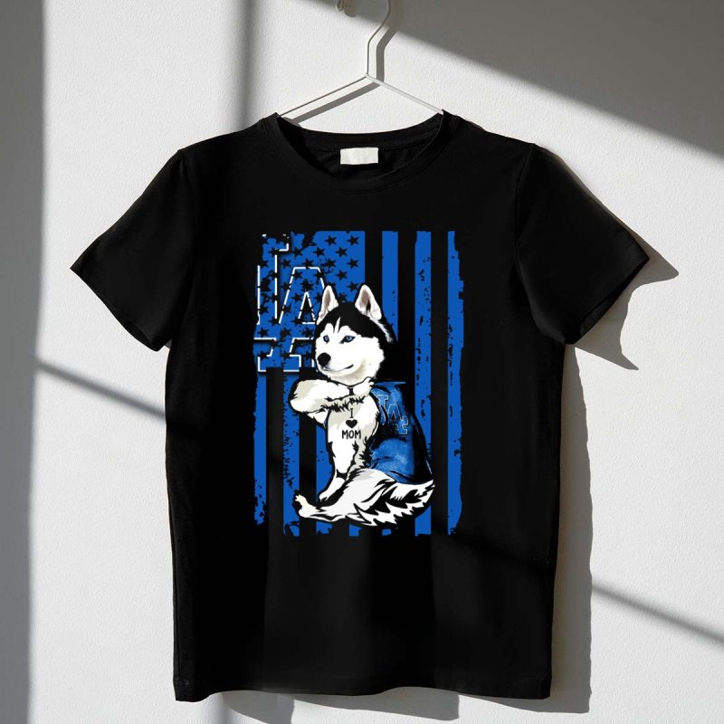 Siberian Husky LA Dodgers Blue American Flag Mom Tattoo T Shirt.jpeg t shirt 1 1