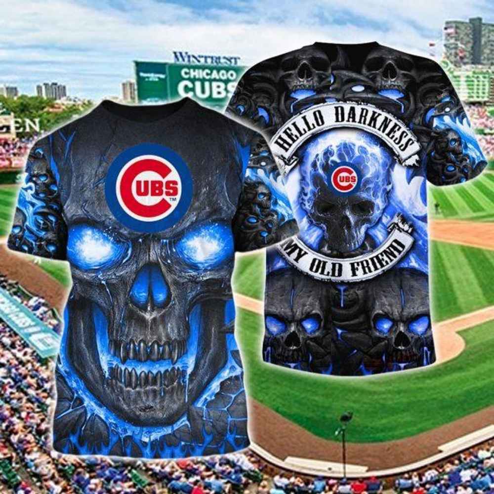 Skull Chicago Cubs Hello Darkness My Old Friend 3D T Shirt 1