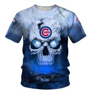 Chicago Cubs All Over Print T-Shirt with Skull Light Ball Eyes Design