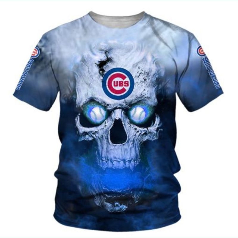 Chicago Cubs All Over Print T-Shirt with Skull Light Ball Eyes Design
