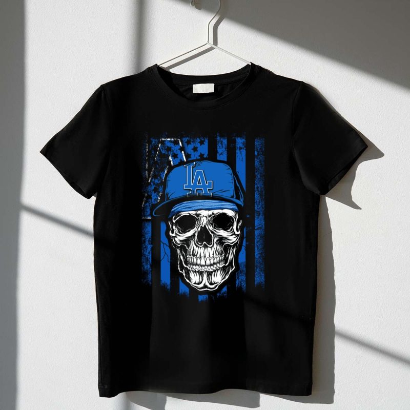 Skull Los Angeles Dodgers Baseball Cap Blue Stripes Stars T Shirt.jpeg t shirt 1 1
