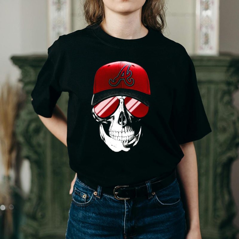 Atlanta Braves Skull V7 T-Shirt With Hat And Sunglasses Design - Image 2