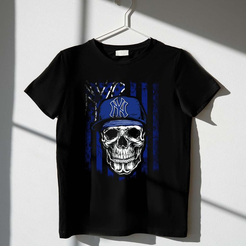 Skull Wearing New York Yankees Cap with Blue T Shirt t shirt 1 1