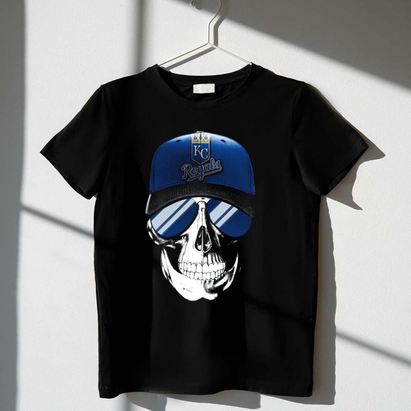 Skull with Kansas City Royals Baseball Cap and Sunglasses T Shirt t shirt 1 1