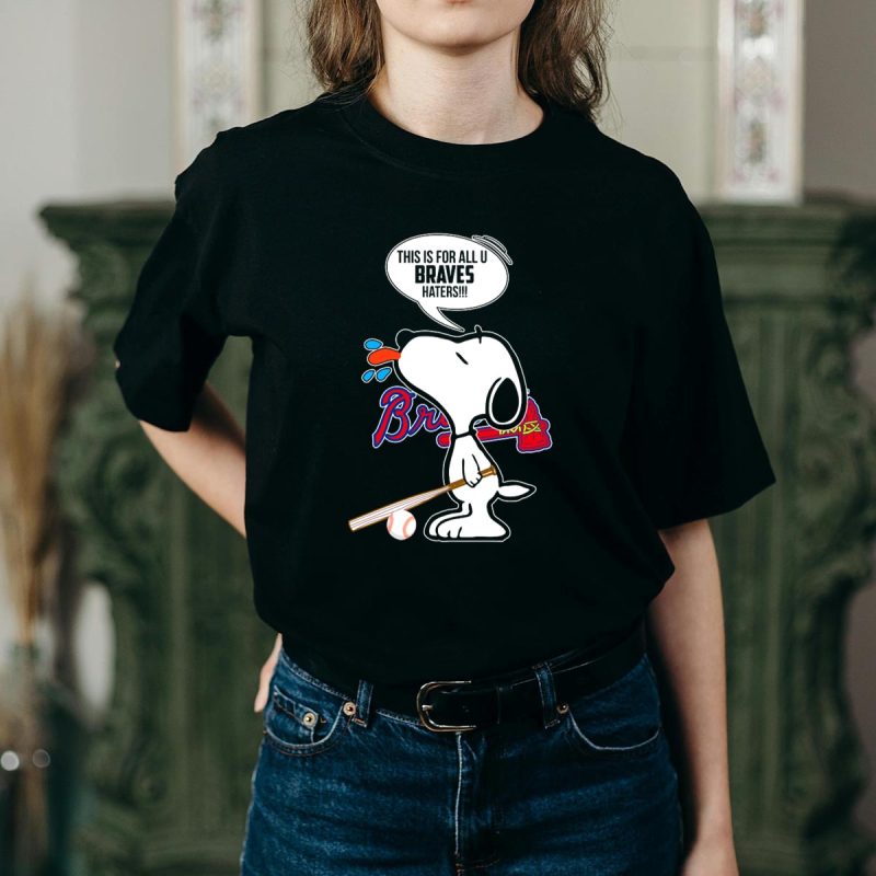 Snoopy Braves T-Shirt With Tongue Out And Baseball Bat Design - Image 2