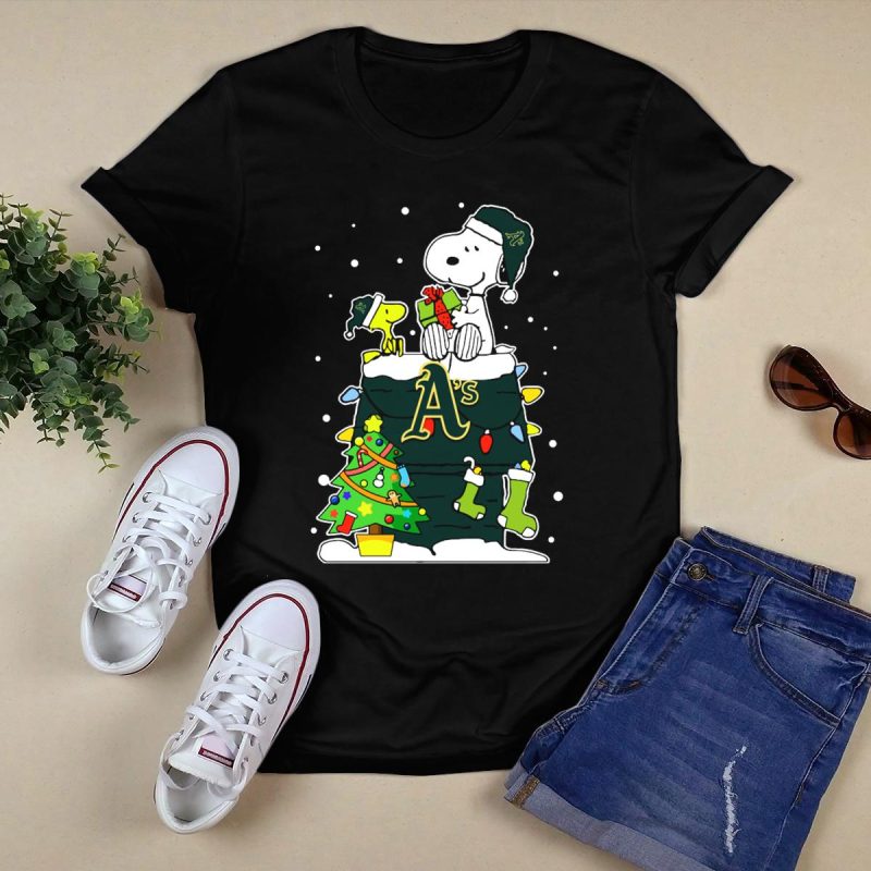 Snoopy Christmas Oakland Athletics Festive Scene with Woodstock and Gifts T Shirt t shirt 0
