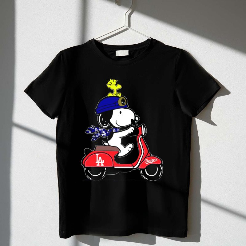 Snoopy Riding Vespa Los Angeles Dodgers Mascot with Woodstock T Shirt.jpeg t shirt 1 1