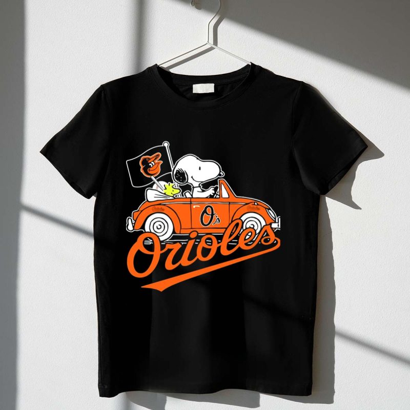 Snoopy and Woodstock Driving Baltimore Orioles Car with Flag T Shirt t shirt 1 1