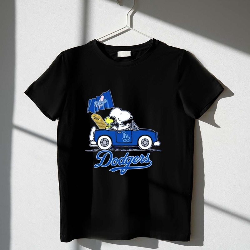 Snoopy and Woodstock Driving LA Dodgers Car with Flag T Shirt.jpeg t shirt 1 1
