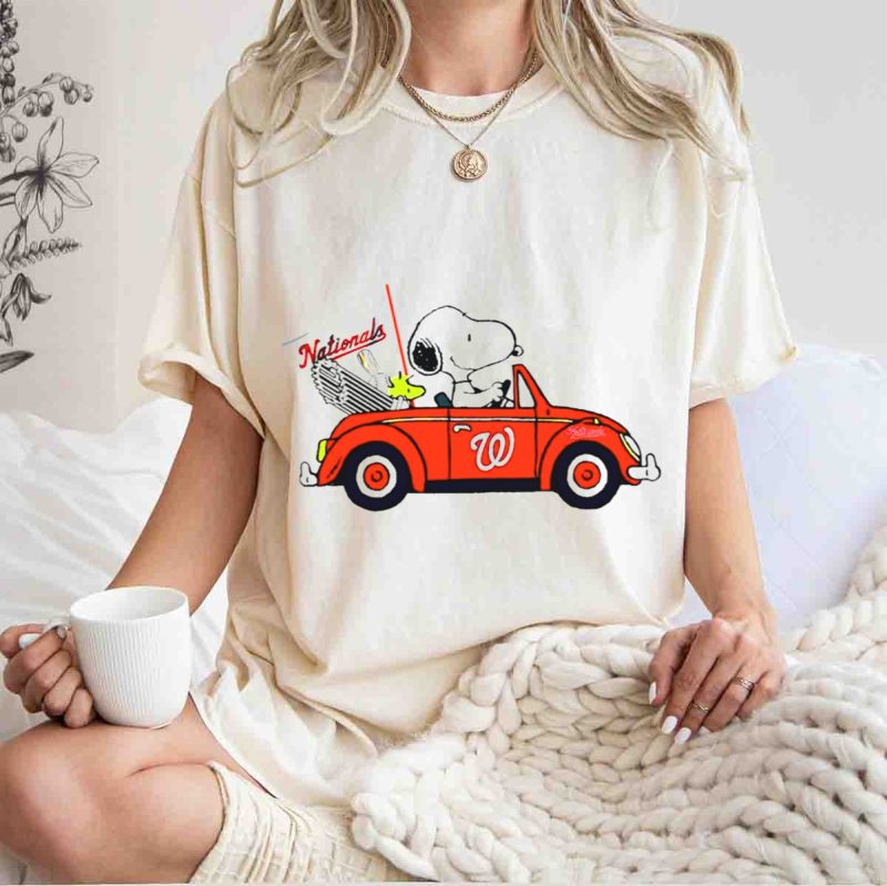 Snoopy and Woodstock in Red Car with Washington Nationals Flag T Shirt t shirt 1 1