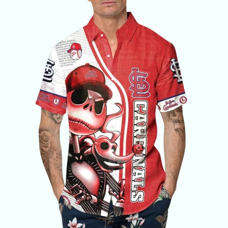 St Louis Cardinals Jack Skellington Halloween Graphic Hawaiian Shirt - Unisex - Image 4