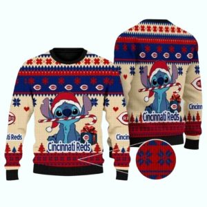 Stitch With Candy Cane Cincinnati Reds Ugly Sweater