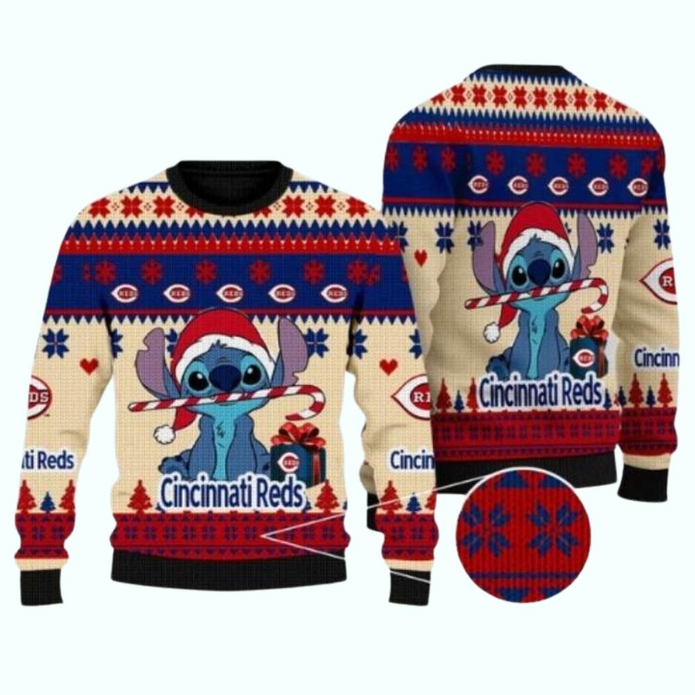 Stitch With Candy Cane Cincinnati Reds 3D Ugly Sweater 1