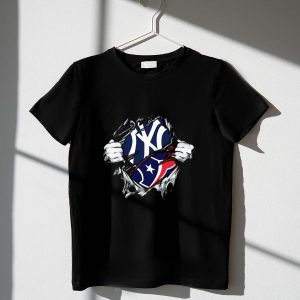 Texans Yankees Logo Fusion T-Shirt With Torn Hands Design