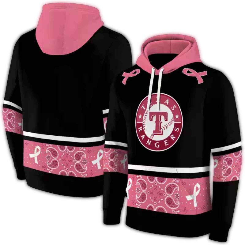 Texas Rangers Awareness Ribbon Black Pink AOP Hoodie 1
