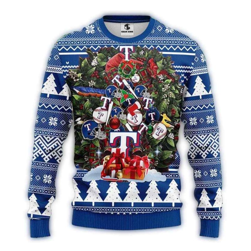 Texas Rangers Baseball Ornaments Wreath Christmas Ugly Sweater 1