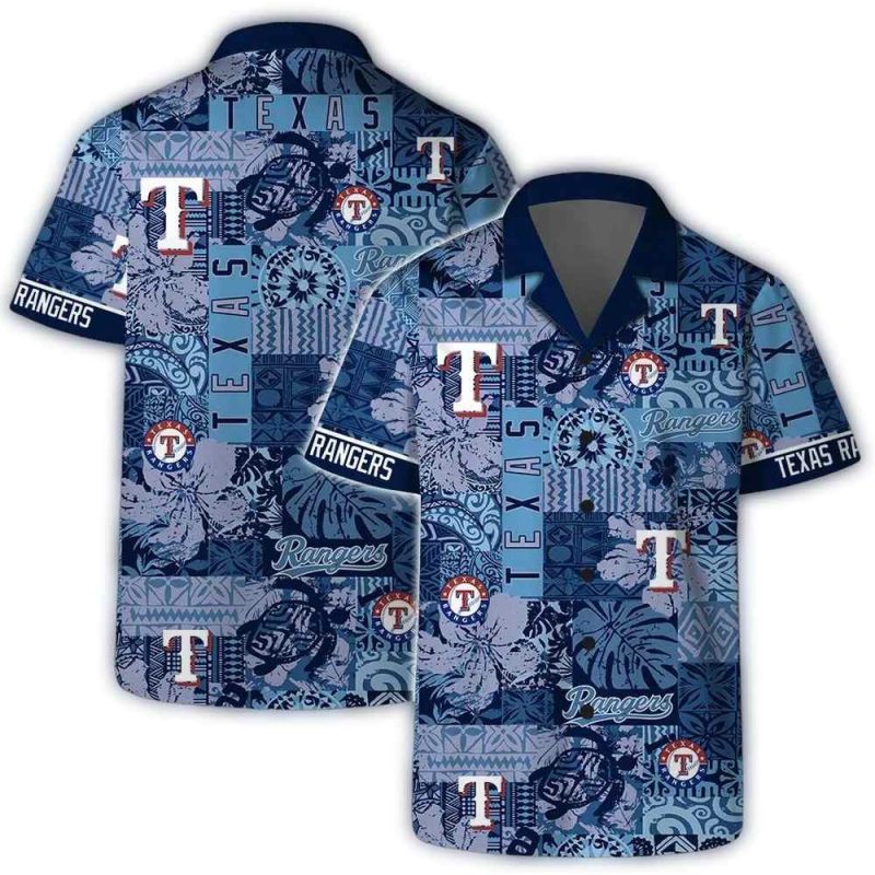 Texas Rangers Blue Mosaic Hawaiian Shirt 1