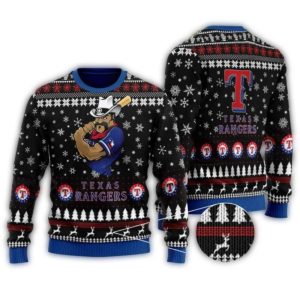 Texas Rangers Cowboy Mascot Black Christmas Ugly Sweater