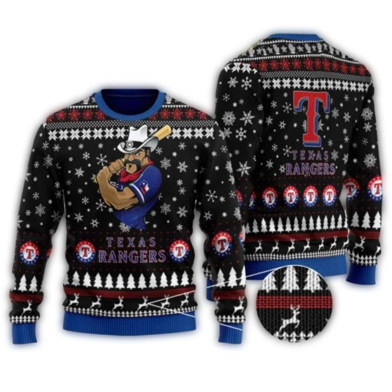 Texas Rangers Cowboy Mascot Black Christmas Ugly Sweater 1