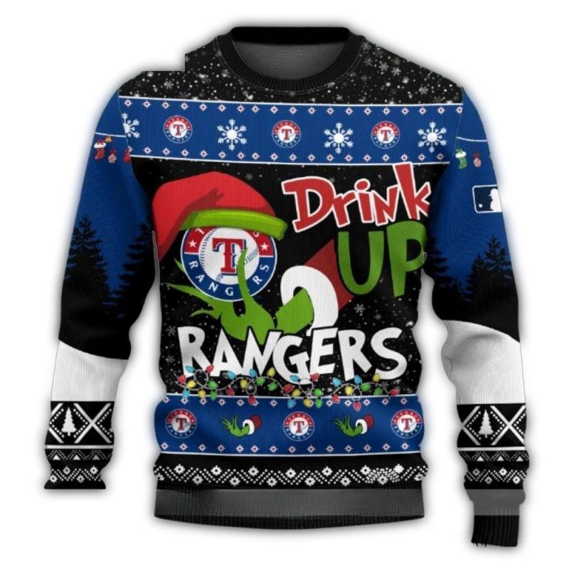 Texas Rangers Drink Up Grinch Baseball Christmas Ugly Sweater 1
