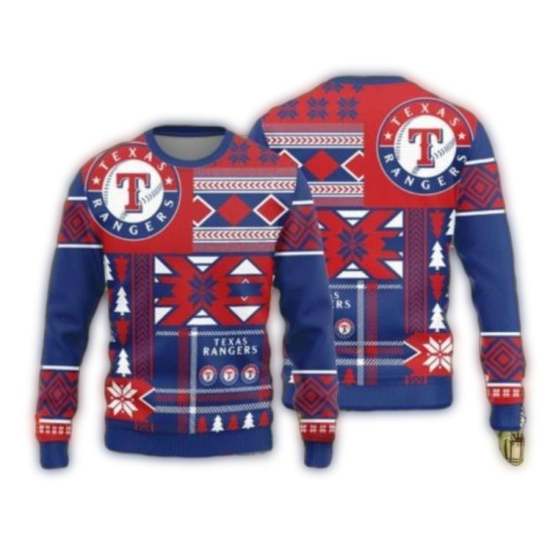 Texas Rangers Festive Red And Blue Pattern Christmas Ugly Sweater 1