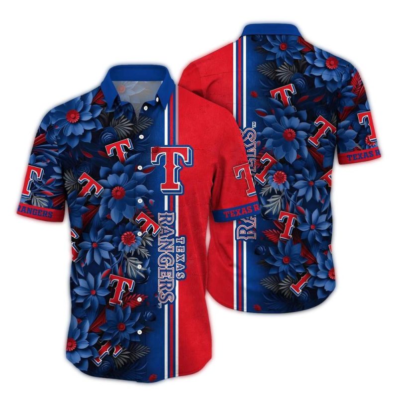 Texas Rangers Flower Stripe Hawaiian Shirt 1