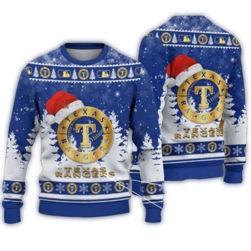 Texas Rangers Gold Badge Santa Hat Snowy Christmas Ugly Sweater 1