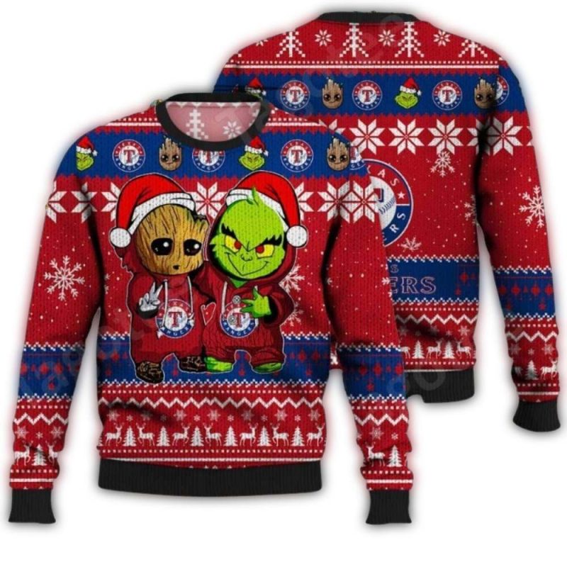 Texas Rangers Grinch And Groot Christmas Ugly Sweater 1