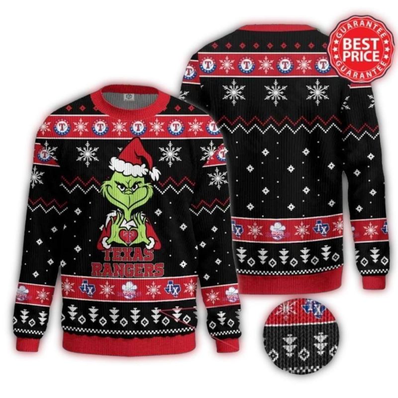 Texas Rangers Grinch Heart Snowflakes Christmas Ugly Sweater 1