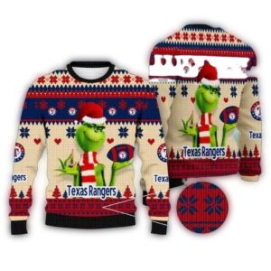 Texas Rangers Grinch Santa Hat Christmas Ugly Sweater